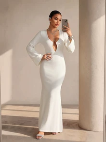 Structelle O-Ring Cut Out Front Mermaid Hem Sweater Dress - Beige - View 1