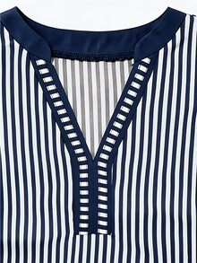 EMERY ROSE Women's Casual Coastal Chic Striped V-Neck Top, Navy And White Color Block, Short Puff Sleeves With Contrast Trim, Loose Fit Everyday Summer Top - Multicolor - View 4
