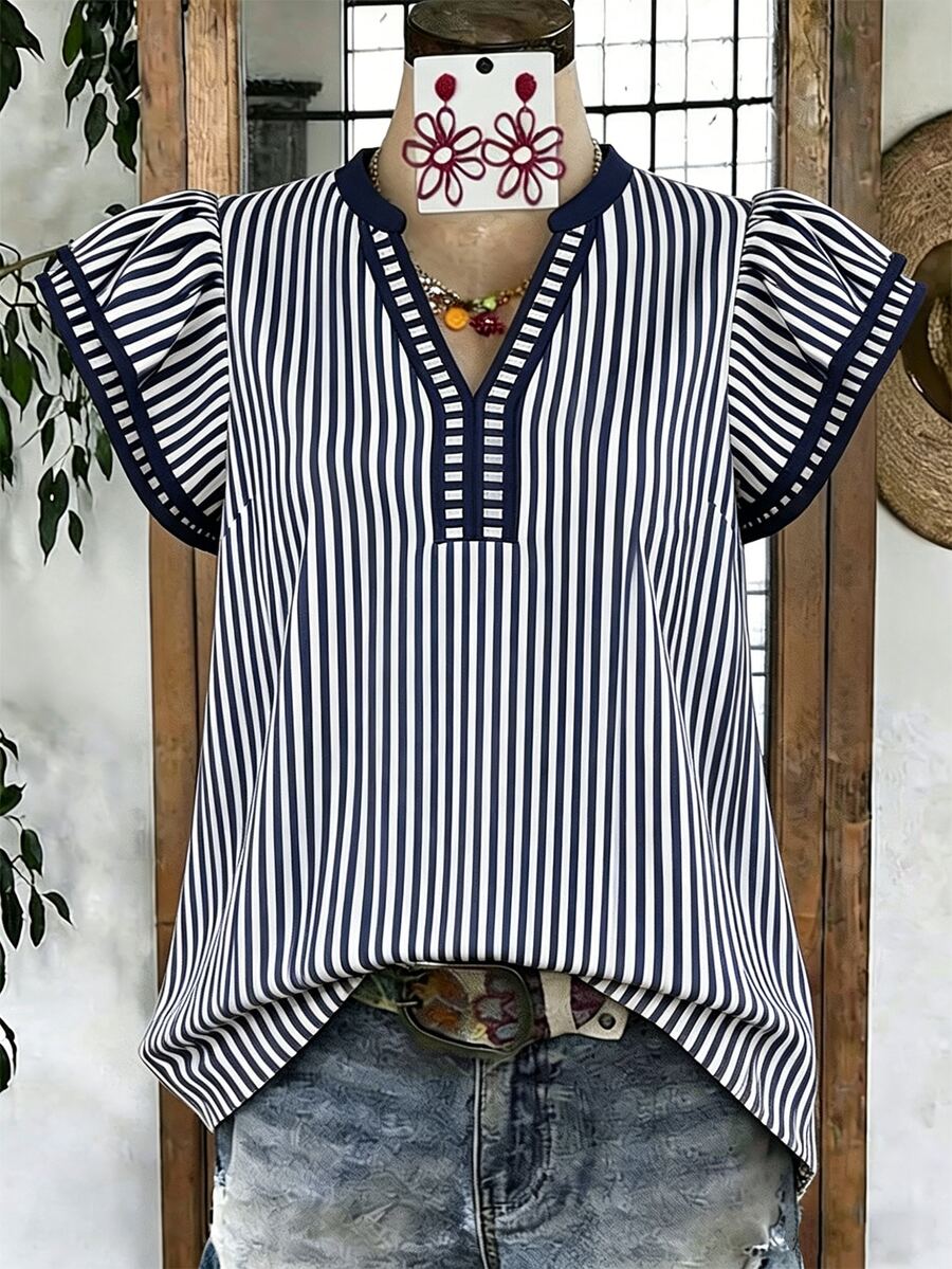 EMERY ROSE Women's Casual Coastal Chic Striped V-Neck Top, Navy And White Color Block, Short Puff Sleeves With Contrast Trim, Loose Fit Everyday Summer Top - Multicolor - View 1