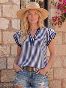 EMERY ROSE Women's Casual Coastal Chic Striped V-Neck Top, Navy And White Color Block, Short Puff Sleeves With Contrast Trim, Loose Fit Everyday Summer Top - Multicolor - View 3
