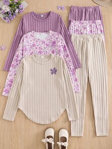 SHEIN 女童溫柔復古3件套，秋季穿搭，秋季上衣，花卉長袖上衣，假日穿搭 - 彩色 - 查看 3