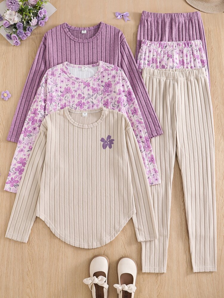 SHEIN Young Girls Gentle Vintage 3 Pieces Set, Fall Outfits, Fall Tops, Floral Long Sleeve Top, Holiday Outfits - Multicolor - View 3