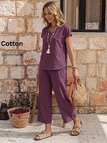 EMERY ROSE 2pcs Set Women's V-Neck Coconut Button Decor 3/4 Sleeve Top + Solid Color Straight Leg Pants, Casual Commuter Outfit - Purple - View 3