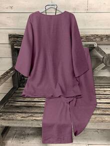 EMERY ROSE 2pcs Set Women's V-Neck Coconut Button Decor 3/4 Sleeve Top + Solid Color Straight Leg Pants, Casual Commuter Outfit - Purple - View 2