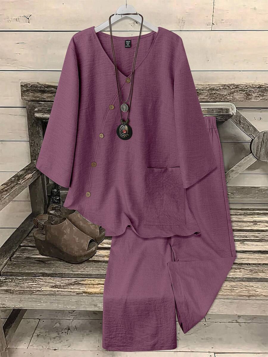 EMERY ROSE 2pcs Set Women's V-Neck Coconut Button Decor 3/4 Sleeve Top + Solid Color Straight Leg Pants, Casual Commuter Outfit - Purple - View 1
