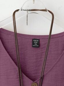 EMERY ROSE 2pcs Set Women's V-Neck Coconut Button Decor 3/4 Sleeve Top + Solid Color Straight Leg Pants, Casual Commuter Outfit - Purple - View 6