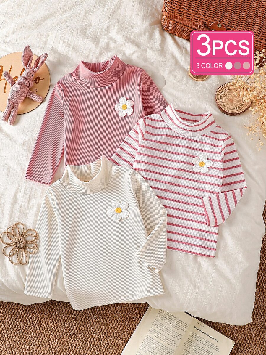 Souflis Souflis 3pcs Baby Girls High Neck Tops Sweet Pink White 3D Flower Striped Ribbed Long Sleeve Mock Neck Regular Party Fall Autumn Halloween Christmas Knit Tops