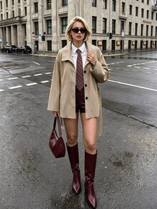 Struktiv Solid Button Front Belted Trench Coat - Khaki - View 4