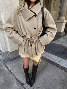 Struktiv Solid Button Front Belted Trench Coat - Khaki - View 2
