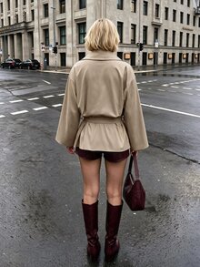 Struktiv Solid Button Front Belted Trench Coat - Khaki - View 6
