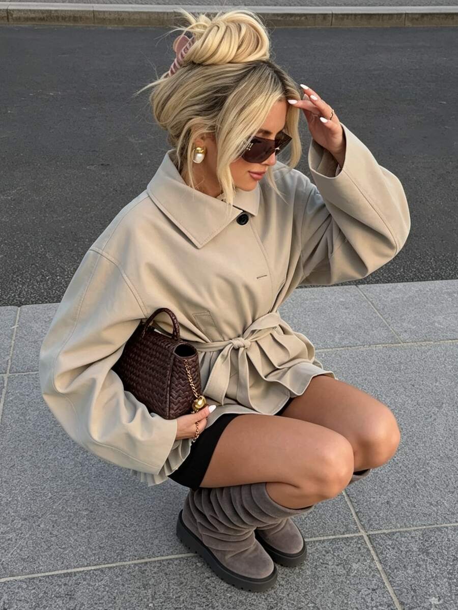 Struktiv Solid Button Front Belted Trench Coat - Khaki - View 1