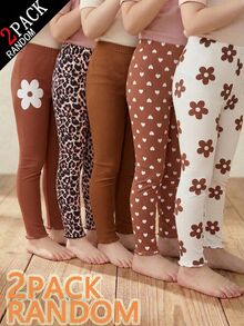 SHEIN 2件組女童打底褲盲盒款，5款設計隨機選2件，羅紋針織布料，舒適彈性腰頭與荷葉邊下擺細節，百搭俏皮風格，包含黑底白花、白底黑花、黑底白心、豹紋與素色，柔軟親膚、垂墜感佳、穿著舒適，可機洗 - 彩色 - 查看 2