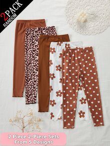 SHEIN 2件組女童打底褲盲盒款，5款設計隨機選2件，羅紋針織布料，舒適彈性腰頭與荷葉邊下擺細節，百搭俏皮風格，包含黑底白花、白底黑花、黑底白心、豹紋與素色，柔軟親膚、垂墜感佳、穿著舒適，可機洗 - 彩色 - 查看 3
