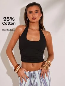 SHEIN BAE ملابس علوية نسائية قصيرة ظهر مكشوف بياقة عالية بلون أحادي - الأسود - مشاهدة 6