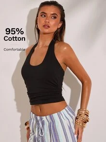 SHEIN BAE ملابس علوية نسائية قصيرة ظهر مكشوف بياقة عالية بلون أحادي - الأسود - مشاهدة 5