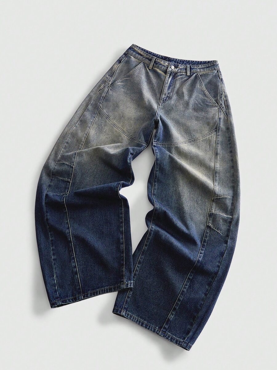 ROMWE MEN Street Life Jeans casuales de mezclilla con botones y bolsillos, corte relajado para hombres - Azul lavado oscuro - Ver 1