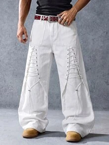 ROMWE MEN Street Life Men's Straight Leg Lace-Up Jeans - White - View 1