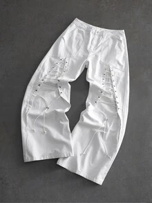ROMWE MEN Street Life Men's Straight Leg Lace-Up Jeans - White - View 3
