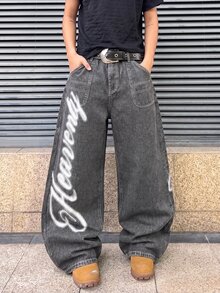 ROMWE MEN Street Life 男士時尚字母印花鈕扣口袋寬鬆牛仔褲 - 黑色 - 查看 1