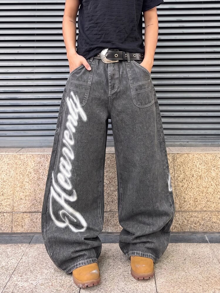 ROMWE MEN Street Life Men's Fashion Letter Print Button Pocket Loose Fit Jeans - Black - View 1