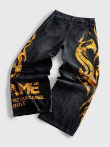 ROMWE MEN Street Life Men's Yellow Gothic Font Digital Print Jeans - Multicolor - View 2