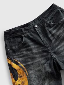 ROMWE MEN Street Life Men's Yellow Gothic Font Digital Print Jeans - Multicolor - View 4