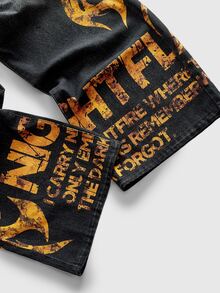 ROMWE MEN Street Life Men's Yellow Gothic Font Digital Print Jeans - Multicolor - View 6