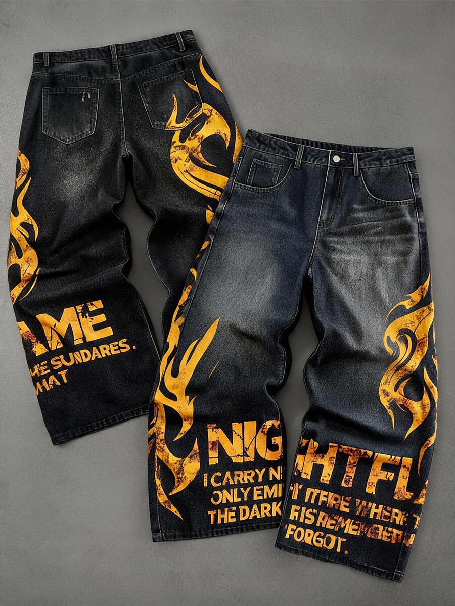 ROMWE MEN Street Life Men's Yellow Gothic Font Digital Print Jeans - Multicolor - View 1