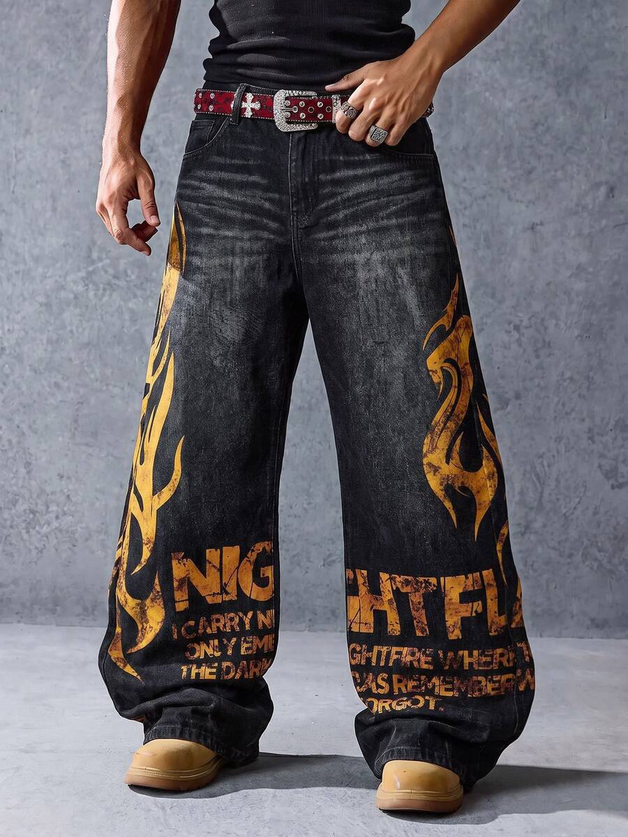 ROMWE MEN Street Life Men's Yellow Gothic Font Digital Print Jeans - Multicolor - View 1