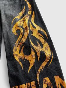ROMWE MEN Street Life Men's Yellow Gothic Font Digital Print Jeans - Multicolor - View 5
