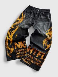 ROMWE MEN Street Life Men's Yellow Gothic Font Digital Print Jeans - Multicolor - View 3