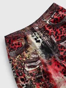 ROMWE MEN Street Life Men's Fashion Red Leopard Print Denim Jeans - Multicolor - View 4
