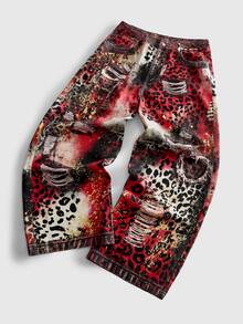 ROMWE MEN Street Life Men's Fashion Red Leopard Print Denim Jeans - Multicolor - View 3