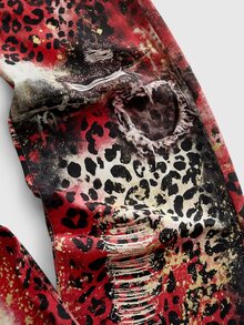 ROMWE MEN Street Life Men's Fashion Red Leopard Print Denim Jeans - Multicolor - View 6