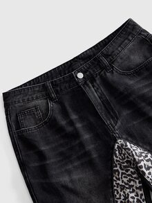 ROMWE MEN Street Life Men's Asymmetrical Patchwork Leopard Print Casual Denim Jeans - Multicolor - View 4