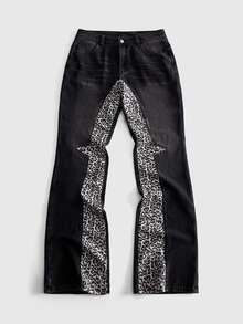 ROMWE MEN Street Life Men's Asymmetrical Patchwork Leopard Print Casual Denim Jeans - Multicolor - View 3