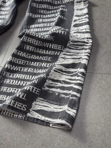 ROMWE MEN Men's Letter Print Pocket Wide Leg Loose Casual Denim Jeans - Black - View 5