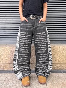 ROMWE MEN Men's Letter Print Pocket Wide Leg Loose Casual Denim Jeans - Black - View 1