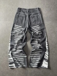 ROMWE MEN Men's Letter Print Pocket Wide Leg Loose Casual Denim Jeans - Black - View 2