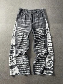 ROMWE MEN Men's Letter Print Pocket Wide Leg Loose Casual Denim Jeans - Black - View 3