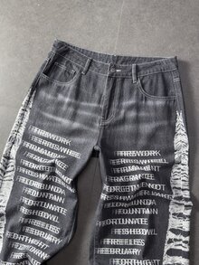 ROMWE MEN Men's Letter Print Pocket Wide Leg Loose Casual Denim Jeans - Black - View 4