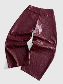 ROMWE MEN Men's Jacquard PU Leather Loose Casual Long Pants - Burgundy - View 2
