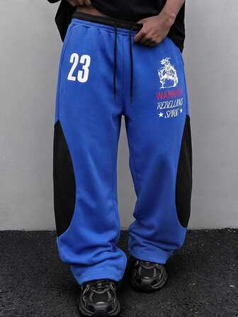 Street Life Pantalones de chándal deportivos de corte holgado con estampado de letras y doble cintura en bloques de color para hombre