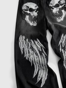 ROMWE MEN Men's Loose Fit Printed Pattern Jeans - Black - View 5