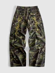 ROMWE MEN Street Life Fashionable Camouflage Heavy Embroidery Casual Denim Cargo Pants For Men - Army Green - View 7