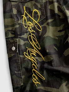 ROMWE MEN Street Life Fashionable Camouflage Heavy Embroidery Casual Denim Cargo Pants For Men - Army Green - View 5