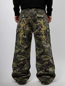ROMWE MEN Street Life Fashionable Camouflage Heavy Embroidery Casual Denim Cargo Pants For Men - Army Green - View 1