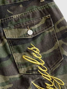 ROMWE MEN Street Life Fashionable Camouflage Heavy Embroidery Casual Denim Cargo Pants For Men - Army Green - View 6
