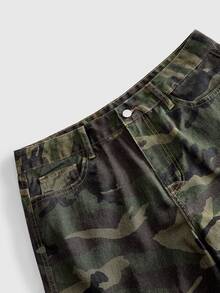 ROMWE MEN Street Life Fashionable Camouflage Heavy Embroidery Casual Denim Cargo Pants For Men - Army Green - View 4
