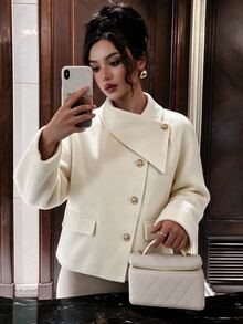 Elenzga Solid Foldover Collar Button Front Overcoat - Apricot - View 5